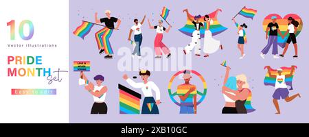 Vektor-Set Zum Feiern Des Lebhaften Pride-Monats. Verschiedene Zeichen mit Regenbogenflaggen, Herzsymbolen und inklusiven Nachrichten. Perfekt für LGBTQ-Bewusstsein Stock Vektor