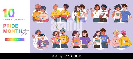 Lebendiges LGBTQ Pride Month Vektor Illustration Set. Feiern Sie Vielfalt, Liebe und Einbeziehung mit bunten Zeichen und Symbolen .Vektor-Illustration. Stock Vektor
