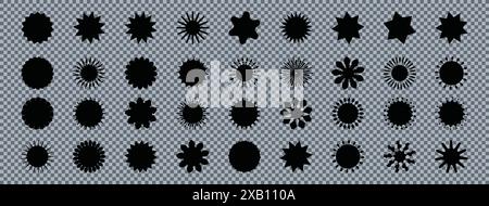 Schwarze leere Aufkleber – Promo-Set. Kollektion aus flachem Starburst, Verkaufs- oder Preisschild, Qualitätskennzeichen-Design, Retro 70er oder 80er Jahre Rabattabzeichen Sunray Stock Vektor
