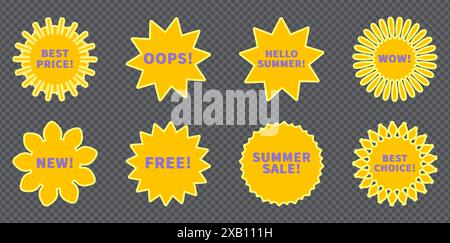 Promo-Set mit gelben Aufklebern. Vektor-Sammlung von flachen Starburst mit Promotion Text Oops, kostenlos, Sommerverkauf, wow, bester Preis, Auswahl, neu. Retro 70s oder Stock Vektor