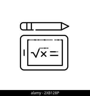 Elektronisches Tablet, Bleistift mit Text und mathematischem Ausdruck. Elektronische Aufgaben und Online-Lernmaterialien. Pixelperfekter, bearbeitbarer Konturvektor Stock Vektor