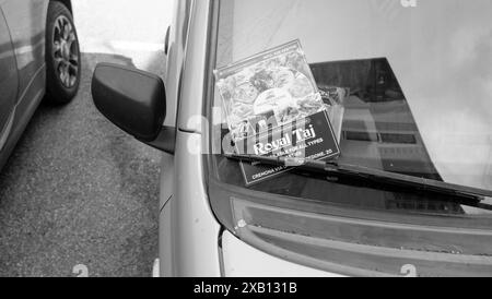 Cremona, Italien - 16. Mai 2024 Schwarzweiß-Foto eines Flyers, der ein indisches Restaurant auf der Windschutzscheibe eines Autos anwirbt Stockfoto