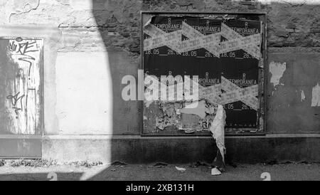 Cremona, Italien - 16. Mai 2024 Sonnenlicht wirft Schatten auf eine urbane Wand mit alten Plakaten, die mit zerrissenen Plakaten bedeckt sind Stockfoto