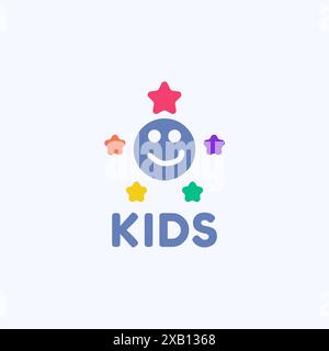 Ein Gesichtslogo und fünf farbenfrohe Sterne, die für die Unterhaltungsbranche für Kinder geeignet sind. Stock Vektor