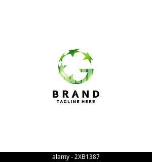 Grüner Buchstabe G mit Akzenten im Sternenlogodesign. Der Buchstabe G aus der Word-Galaxie mit Akzenten von Sternen, die auf die Kurve gedreht werden sollen. Stock Vektor
