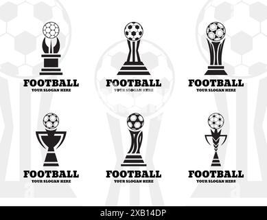 Fußball-Trophäe. Champion Cup. Sport-Team-Spiel. Logo für den Ball für die Meisterschaft. Spieler Turnier oder Gewinner belohnen. Silhouettensymbole für Fußballwettbewerbe. Vector FUSBALLER-Match-Symbole gesetzt Stock Vektor