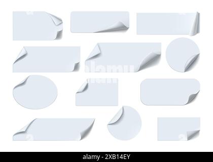 Papieraufkleber. Weißes Etikett. Das Etikett abziehen und falten. Kreis- und Rechtecksymbole. Bürobedarf. Notiz. Runde und quadratische Abzeichen mit gewellten Kanten. Haftseiten für Notizpapier. Vektor-Erinnerungen festgelegt Stock Vektor
