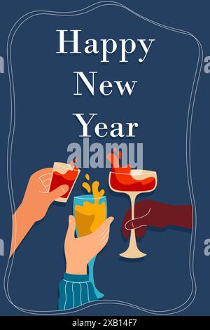 Feuern Sie die Hände an. Alkoholische Getränke. Menschen, die eine Brille halten. Neujahrsfeier. Feiertagsfeier. Getränke an der Bar. Gruppentreffen der Freunde. Arme klirrende Weingläser. Dezember-Veranstaltung. Festliches Toast-Vektor-Poster Stock Vektor