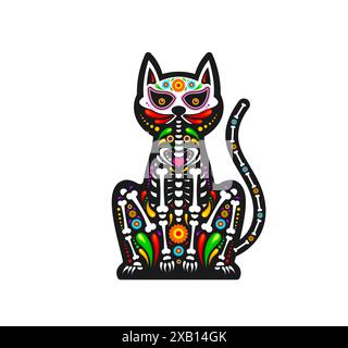Mexikanischer Tag des toten Katzentiers Zuckerschädel Tattoo. Farbenfrohe Figur eines Katze-Haustieres mit reichen Mustern und Knochen. Isolierter Vektor Dia de Los Muertos Kätzchen feiert die Erinnerung an geliebte Haustiere Stock Vektor