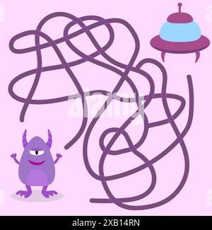 Hilf dem süßen Alien-Monster, den Weg zum UFO-Raumschiff zu finden. Labyrinth. Labyrinth-Spiel für Kinder. Unordentliches Kinderlogikspiel. Verwirrende Pfadlinien Stock Vektor