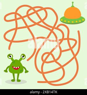 Hilf dem süßen Alien-Monster, den Weg zum UFO-Raumschiff zu finden. Labyrinth. Labyrinth-Spiel für Kinder. Unordentliches Kinderlogikspiel. Verwirrende Pfadlinien Stock Vektor