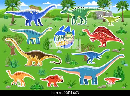 Dinosaurier-Aufkleber, prähistorischer Ampelosaurus, Coloradisaurus, Shantungosaurus und Hypselosaurus. Camptosaurus, Arrhinoceratops oder Antarctosaurus, Lufengosaurus und Psittacosaurus Stock Vektor