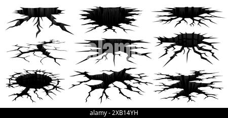 Erderdbebenrisse und -Löcher. Vektorsatz gezackter, kantiger Fissuren. Isolierte schwarze Erdlücken, die zersplitterten oder zerrissenen Oberflächen mit dynamischen, abstrakten Formen ähneln. Risse reißen und beschädigen Stock Vektor