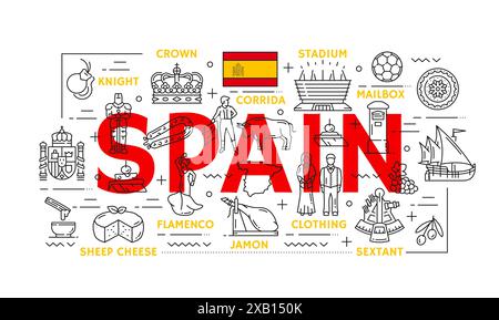 Symbole für Reise- und Orientierungslinien in Spanien. Vektor-kulturelle Zeichen des spanischen Erbes und Attraktionen. Ritter, Krone, Korrida, Stadion und Briefkasten. Flamenco, Kleidung und Marmelade, Schafskäse und Sextant Stock Vektor