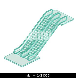 Moderne isometrische Rolltreppe. Vektorabbildung. Konturobjekt isoliert auf weißem Hintergrund. Stock Vektor