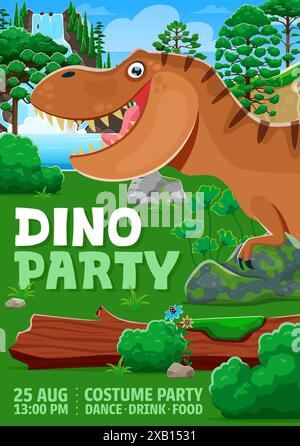 Partyflyer für Kinder mit T rex Dinosaurier-Zeichentrickfigur. Vektor-Einladungsplakat für Geburtstagsfeiern, mit Tyrannosaur-Dino-Monster aus der jurassischen Zeit, das Spaß, Spiele und prähistorische Abenteuer bietet Stock Vektor