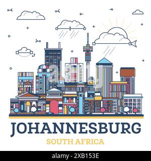 Umreißen Sie die Skyline von Johannesburg South Africa City mit farbigen modernen und historischen Gebäuden, die auf weiß isoliert sind. Vektorabbildung. Johannesburg. Stock Vektor
