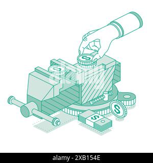 Isometrischer Schraubstock mit eingeklemmter Dollarmünze. Arbeitsgerät. Krisenkonzept. Vektorabbildung. Konturobjekte auf weißem Hintergrund isoliert. Stock Vektor