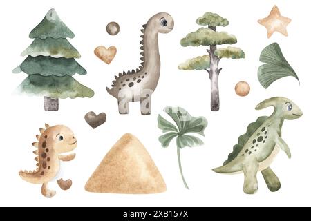 Dinosaurier Aquarell Illustration Set von bunten Tieren isoliert auf weißem Hintergrund. Niedliche Charaktere für das Kinderzimmer. Einladung, Karte, Buch Stockfoto