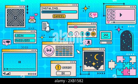 Retro y2k-Seite, Schnittstelle für Computerfenster. Vektor-pc-Desktop. Blauer, rave Bildschirmhintergrund im ästhetischen Stil der 2000er Jahre mit Ladebalken, Programmfehler, E-Mail, Puzzlespiel, Spieler, Anmeldung und Kennwort Stock Vektor