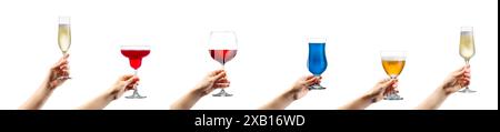Frau Hände, die Cocktails, Champagner- und Biergläser auf weißem Hintergrund halten Stockfoto