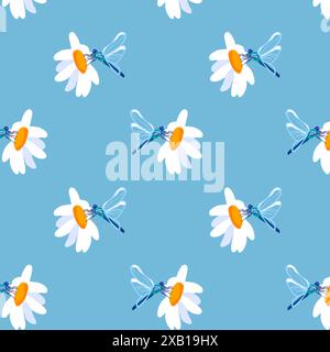 Sommer Hintergrund Gänseblümchen Libelle Blaues nahtloses Muster Frühling weiße Wiese Blume Ornament Verpackung Stoff Tapete Chintz Cambric Musselin Mosaik Stock Vektor