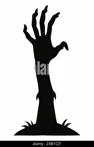 Schwarze Silhouette einer Zombiehand, die vom Boden isoliert auf weißem Hintergrund aufsteigt. Unheimliche Zombie-Handumrisse. Das Konzept des Horrors, Halloween, cree Stock Vektor