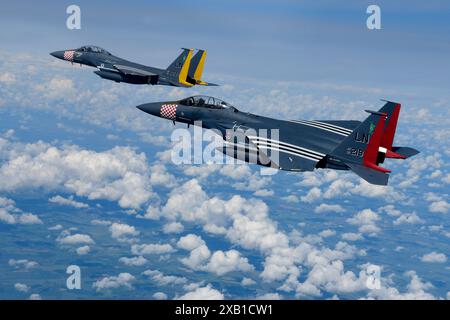 Ein Paar von bemalten F-15E Strike Eagles, die dem 48. Kampfflugzeug zugewiesen wurden, führte eine Fliege über die Normandie, Frankreich, um das 75. Jubiläum zu unterstützen Stockfoto