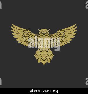 Antike fliegende Eule mit Diamant Grunge Textur goldene Silhouette Vektor Illustration. Minimalistisches Logo, handgezeichneter Wildvogel mit mystischem Edelsteinsymbol Stock Vektor