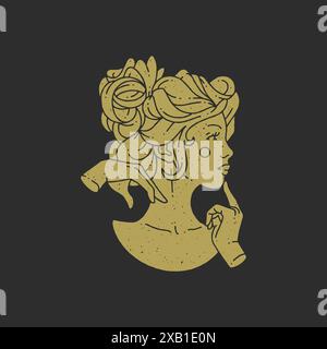 Elegante mittelalterliche nachdenkliche Frau Denkmal mit Finger in der Nähe der Lippen mit romantischen Frisur und natürliche Schönheit Grunge Textur Vektor Illustration. Antik Stock Vektor