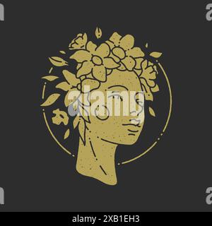 Kopf antike Frau in Blumenkranz elegant botanischen dekorativen Design Grunge Textur Vektor Illustration. Weibliche Avatar Porträt im Kreis golden Fr. Stock Vektor