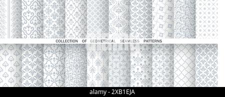 Geometrisches Blumenset mit nahtlosen Mustern. Weiße und graue Vektorhintergründe. Damastgrafik-Ornamente Stock Vektor