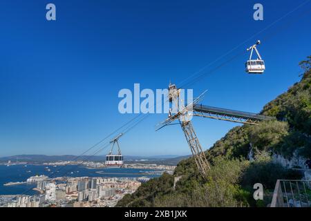 Gibraltar, Gibraltar - 27. April 2024: Blick auf die Bucht von Algeciras und die Innenstadt von Gibraltar mit der Seilbahn im Vordergrund Stockfoto