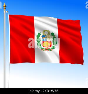 Peru, offizielle Nationalflagge mit Wappen, südamerika, Vektor-Illustration Stock Vektor