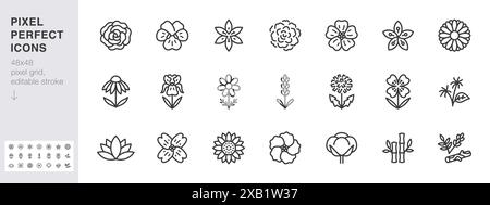 Medizinische Blumen Linie Symbolsatz. Rose, Violett, Jasmin, Ringelblume, Echinacea, iris, Kamillenminimalvektorillustrationen. Einfache Umrisszeichen für Stock Vektor