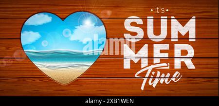 Hallo Sommer Illustration mit Ozeanlandschaft im Schnitt Herz Symbol und Typografie Beschriftung auf Vintage Holz Hintergrund. Vector Beach Urlaub Stock Vektor