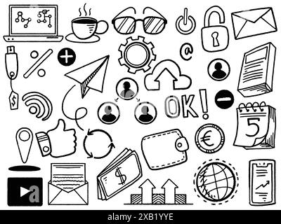 Handgezeichnete Doodle Business Marketing Symbol Set Elemente. Illustration des Konzepts für Banken und Finanzen, isoliert auf weißem Hintergrund. Stock Vektor