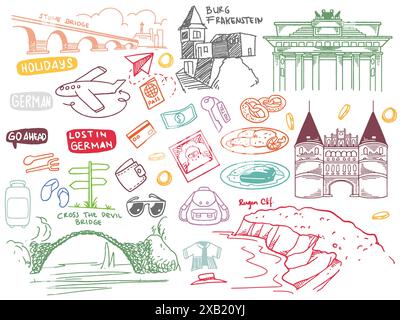 Handgezeichneter Satz von Doodle Reise nach Deutschland Set Reise Umriss Doodle Tourismus und Sommer Abenteuer Ikonen in bunten Stil isoliert auf weißem Hintergrund Stock Vektor