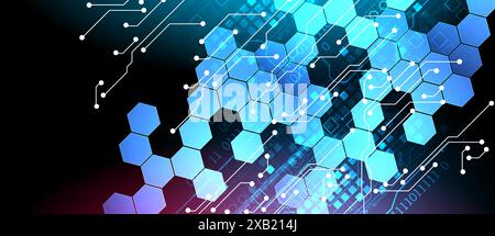 Abstrakte Leiterplatte und Sechsecke auf Farbverlaufshintergrund. Hi-Tech-Digitaltechnologie-Konzept. Vektor Stock Vektor