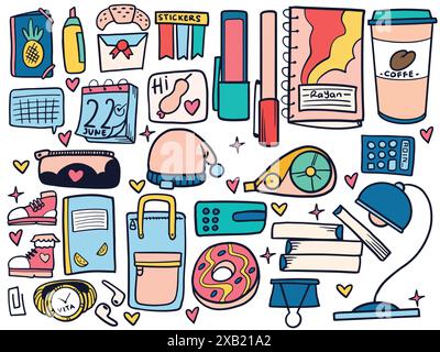 Handgezeichnet von Schulzubehör-Aufklebern im farbenfrohen Stil. Bildungs- und Schulkonzeptvektorillustration isoliert auf weißem Hintergrund. Stock Vektor