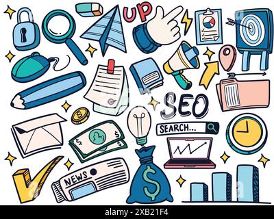 Handgezeichnet von digitalen Marketing-Aufklebern, die in farbenfrohem Stil gesetzt sind. Vektorillustration für Marketing und Vertriebskonzept isoliert auf weißem Hintergrund. Stock Vektor