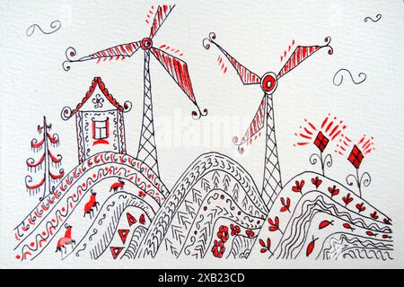 Handgezeichnete zentangle-Muster, meditative Art der Malerei, Windmühlen, ökologische Muster und Formen, zentangle-Kunst, Therapiezeichnung zur Entspannung, Mment Stockfoto