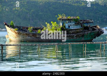 Anambasinseln Indonesien - alter Schiffswrack bei Sonnenaufgang Stockfoto