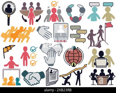 Handgezeichnetes Businessteam-Symbol setzt Elemente in farbenfrohem Stil. Illustration des Konzepts für Banken und Finanzen, isoliert auf weißem Hintergrund. Stock Vektor