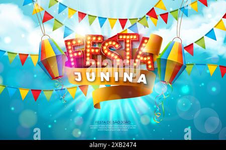 Festa Junina Illustration mit Glühbirnenbeschriftung, Partyflaggen und Papierlaterne auf blauem bewölktem Hintergrund. Vektor Brasilien Juni Traditioneller Feiertag Stock Vektor