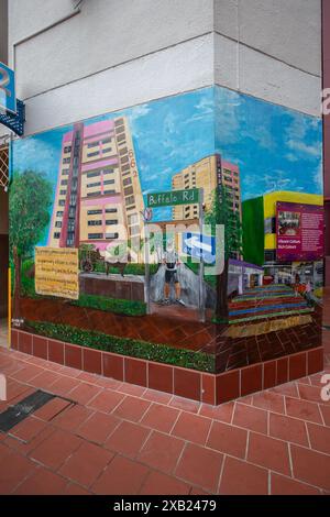 Vertikale Ansicht. Gemalt von Belinda Low. Farbenfrohes Wandgemälde, das die Buffalo Road in Little India darstellt. Singapur. Stockfoto