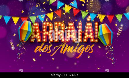 Festa Junina Illustration mit Partyflaggen, Konfetti und Arraia Glühbirne Reklametafelbuchstabe auf lila Hintergrund. Vektor Brasilianischer Sao Joao Juni Stock Vektor