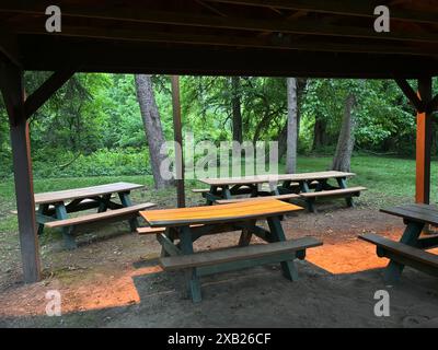 Picknickunterkunft mit Tischen im Waldpark, Cincinnati, Ohio Stockfoto