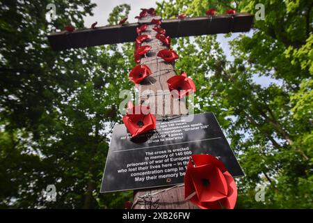 Lviv, Ukraine. Mai 2024. Allgemeine Ansicht des mit Stacheldraht und Mohn geschmückten Gedenkkreuzes auf dem Gelände des ehemaligen Militärlagers Stalag 328 für Kriegsgefangene während des Zweiten Weltkriegs. Stalag 328 ist ein vom deutschen Militärkommando geschaffenes Lager für sowjetische Kriegsgefangene (später ergänzt durch Kriegsgefangene und Gefangene aus anderen Ländern), die von 1941 bis 1944 in Lemberg existierten. Der Ort des Todes von etwa 140.000 Kriegsgefangenen. Jetzt gibt es nur noch ein Gedenkkreuz an der Stelle des Lagers. Quelle: SOPA Images Limited/Alamy Live News Stockfoto