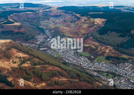 Luftaufnahmen über Südwales. Blaenrhondda, Treherbert und die Rhigos-Bergstraße an der Spitze der Rhondda-Täler, Wales, Großbritannien. 13/4/16 Stockfoto